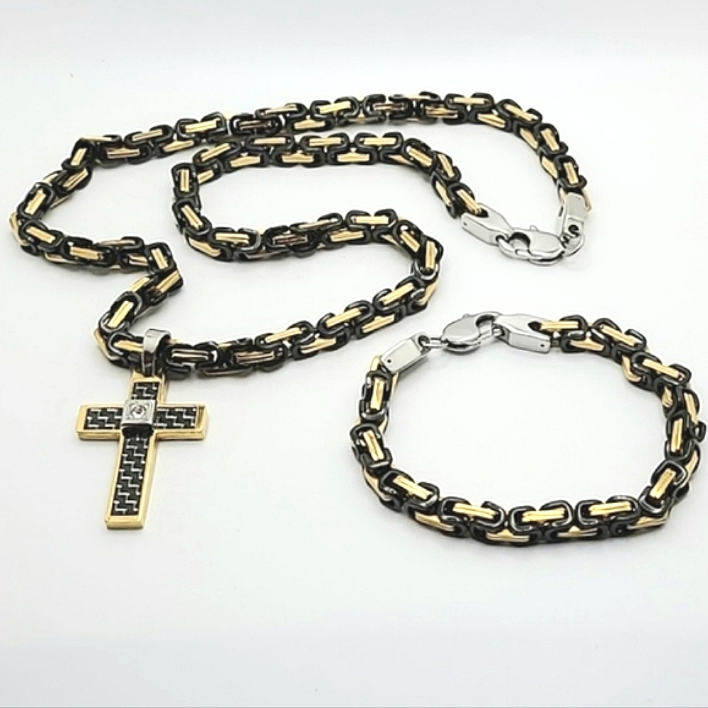 316L Stainless Steel Unisex Cross Necklace Bracelet Gold Plated Black Chain Link - Picture 5 of 6